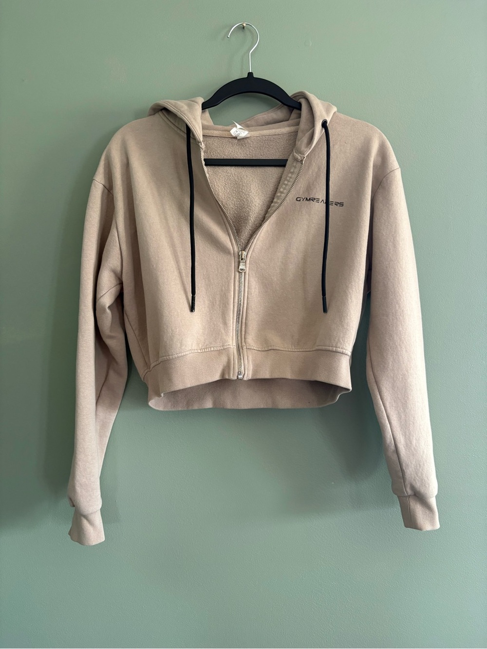 Gymreapers Beige Cropped Zip Hoodie with Hood and Black Drawstrings